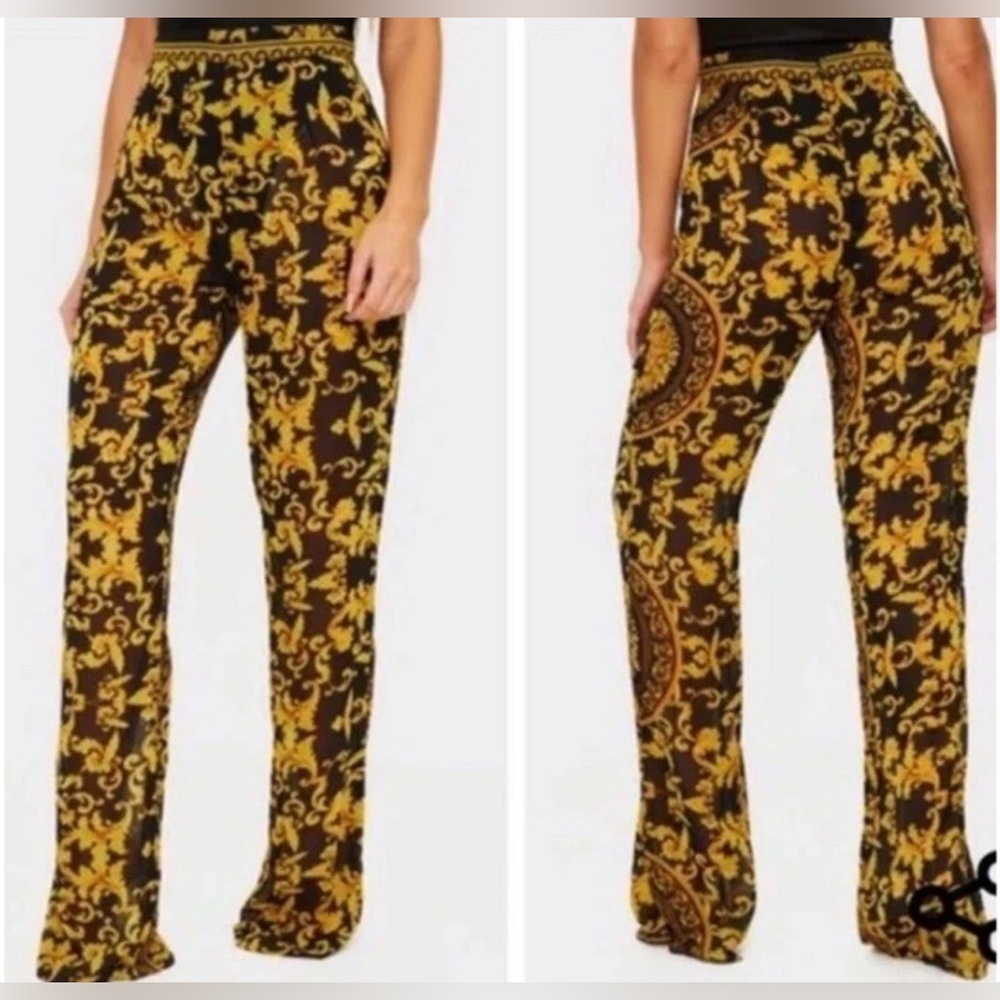Pretty Little Thing Black and Gold Baroque Ornate Pants Straight Leg Sheer 8